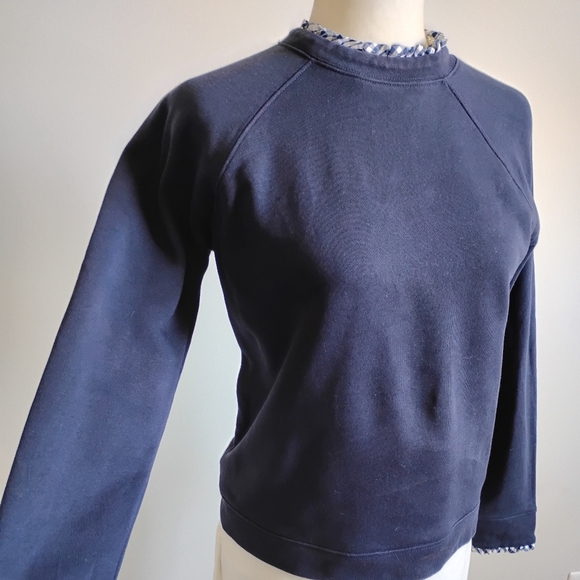 J.Crew Cotton Sweatshirt Micro Ruffle Neck Classic Navy Blue Gingham Size Small - Picture 6 of 13